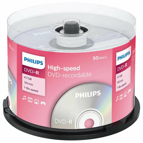 Диски DVD-R PHILIPS, 4,7 Гб, 16x, Cake Box (упаковка на шпиле), КОМПЛЕКТ 50 шт., DM4S6B50F/97