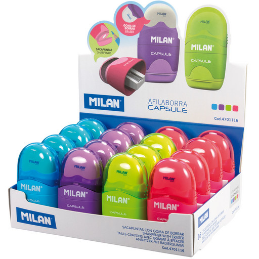 "Milan" Точилка с ластиком Capsule 1 отверстие 16 шт. ассорти 4701116