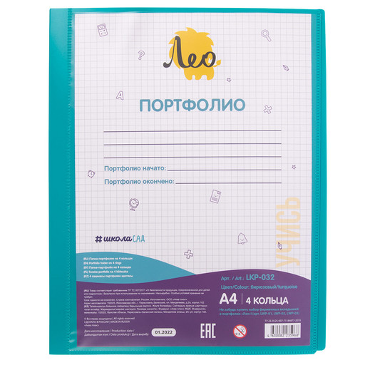 "Лео" "ШколаСад" Папка-портфолио на 4 кольцах A4 700 мкм 25 мм песок 1 шт. бирюзовый LKP-032