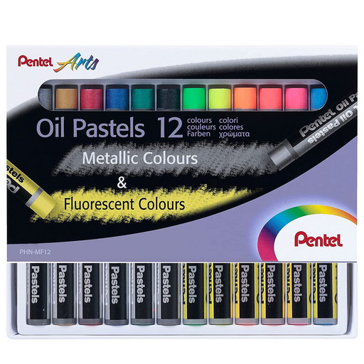 "Pentel" Пастель масляная в картоне, флуоресцентная 6 цв. + металлик 6 цв. 12 цв. PHN-MF12