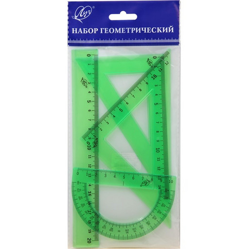 Инструменты чертежные 4 предм.: лин. 20, угол. 45°/12 и 30°/14, трансп. 10, ЛУЧ (прозр. зеленый) Инструменты чертежные 4 предм.: лин. 20, угол. 45°/12 и 30°/14, трансп. 10, ЛУЧ (прозр. зеленый)