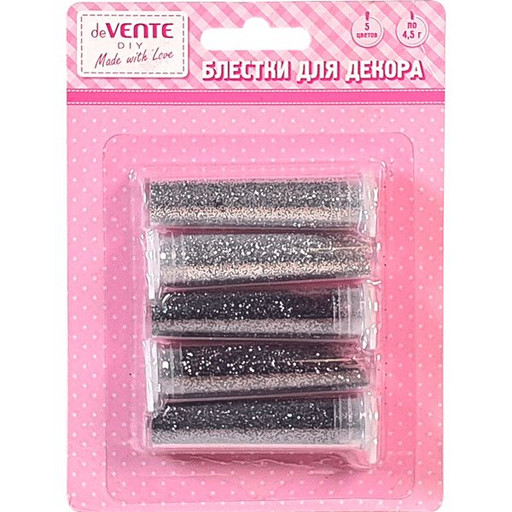 Блестки (глиттер) для декорирования 5 цв. (оттенки серебряного) по 4.5 г, deVENTE