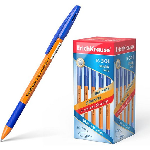 Ручка шариковая 0,7 мм синяя ErichKrause R-301 Orange Stick&Grip, оранжевый корпус, каучук. вставка