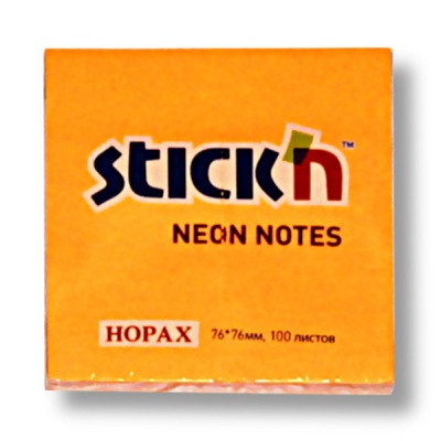 Бумага для заметок с клеевым краем, 76*76 мм, 100 л., 70 г/м2, оранжевый неон, Stick`n Neon Hopax