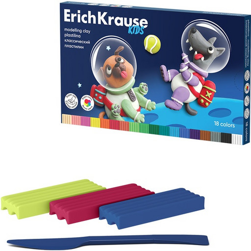 Пластилин классический ErichKrause Kids Space Animals, 18 цветов, 324 г, стек в комплекте, к/упак.*