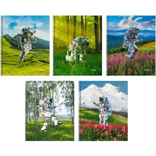 Тетрадь на гребне, 60 л., линия, 60 г/м2, обл. мел. картон, глянцевая, Listoff Приземление_5 дизайнов
