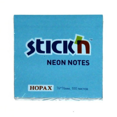 Бумага для заметок с клеевым краем, 76*76 мм, 100 л., 70 г/м2, голубой неон, Stick`n Neon Hopax