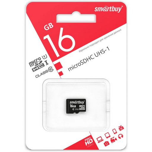 Карта памяти micro SDHC UHS-1, 16 Гб, Smartbuy Class 10 без адаптеров