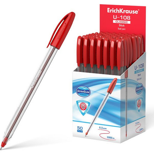 Ручка шариковая 1,0 мм красная ErichKrause U-108 Classic Stick Ultra Glide, прозрачный корпус, длина письма 1000 м