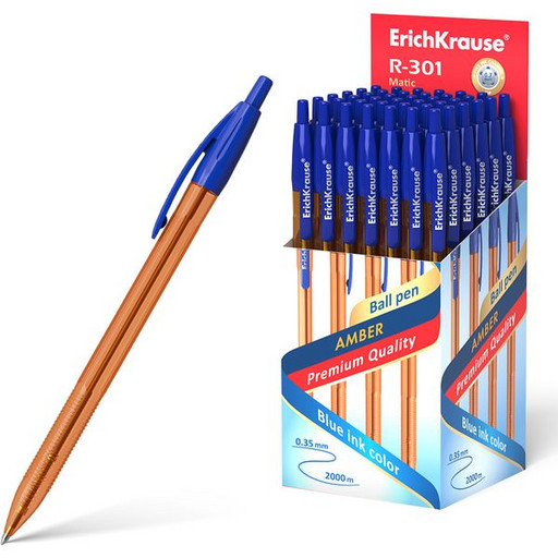 Ручка шариковая автоматическая 0,7 мм синяя ErichKrause R-301 Amber Matic, полупрозрачный оранжевый корпус