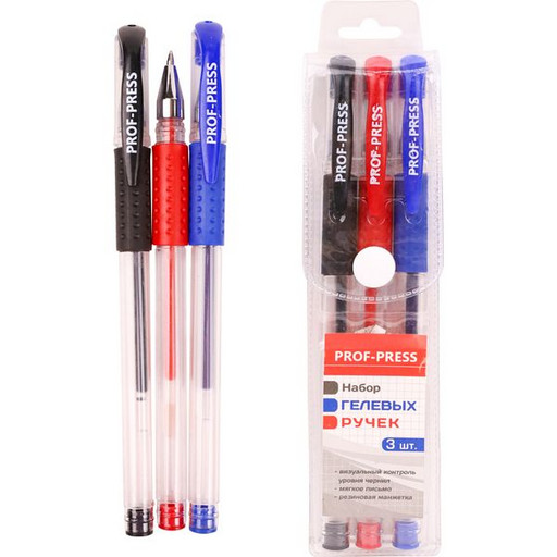 Набор ручек гелевых Prof-Press, 3 цвета (синий,черный, красный) с манжеткой