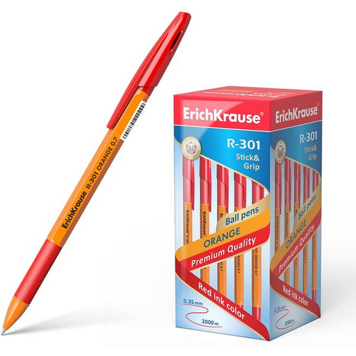 Ручка шариковая 0,7 мм красная ErichKrause R-301 Orange Stick&Grip, оранж. корпус, каучук. вставка