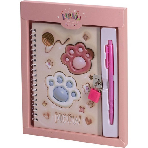 Блокнот с замочком, А5, 46 л, клетка, гребень, обл. 7БЦ, ручка + подар. упак., Alingar Лапки_персиковый