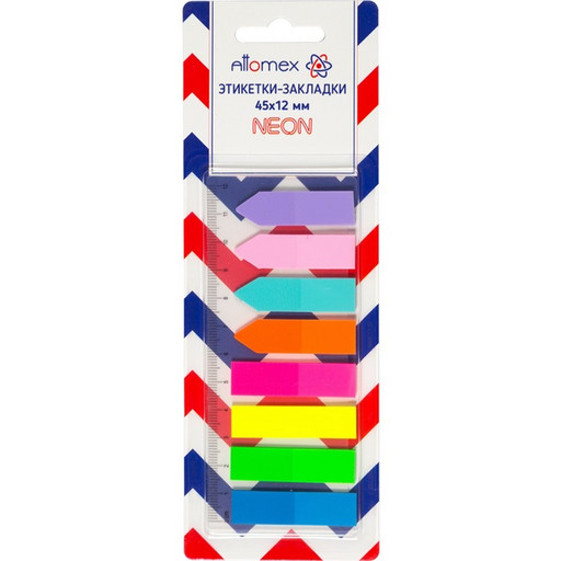 Закладки пластиковые с клеевым краем, 12*45 мм, 8*25 л., неоновые, 8 цветов, Attomex