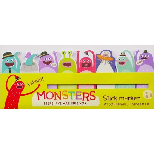 Закладки бумажные с клеевым краем, 15*48 мм, 8*15 л., J.OTTEN Монстрики_4 дизайна