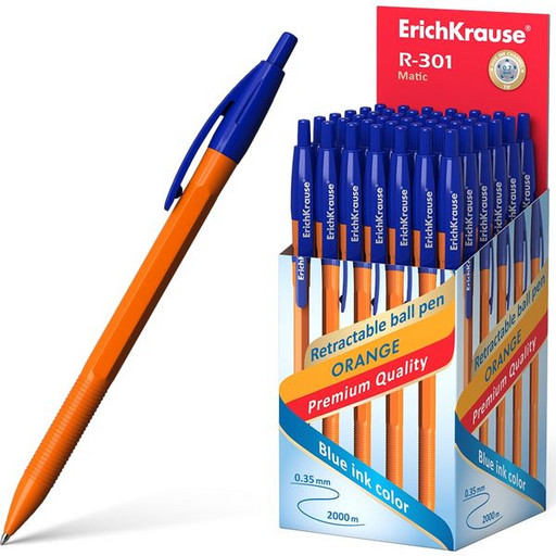 Ручка шариковая автоматическая 0,7 мм синяя ErichKrause R-301 MATIC Orange шестигранный непрозрачный корпус