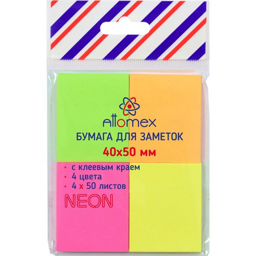Бумага для заметок с клеевым краем, 40*50 мм, 4*50 л., 75 г/м2, 4 неоновых цвета, Attomex