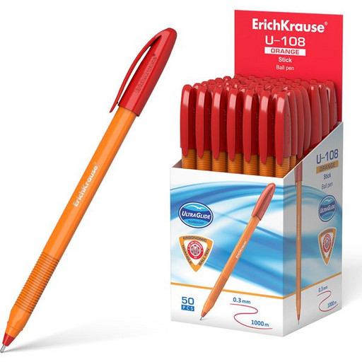 Ручка шариковая 1,0 мм красная ErichKrause U-108 Orange Stick одноразовая Ultra Glide, оранж. корпус
