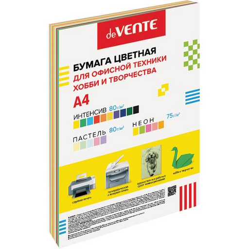 Бумага цветная А4/75-80/100 л., 10 интенсив + 5 пастельн. + 5 неон., deVENTE MIX 25