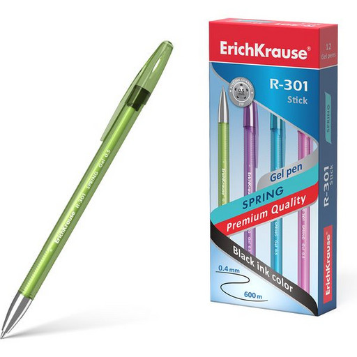 Ручка гелевая 0,5 мм черная ErichKrause Spring Gel Stick, тонир. корпус, метал. наконечник