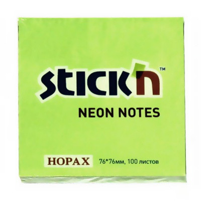 Бумага для заметок с клеевым краем, 76*76 мм, 100 л., 70 г/м2, зеленый неон, Stick`n Neon Hopax