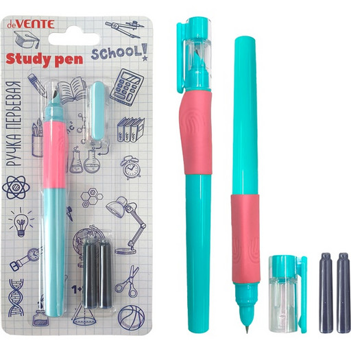 Ручка перьевая, перо F, с 3 баллончиками 0,8 мл, синие чернила, мятный, deVENTE School. StydyPen