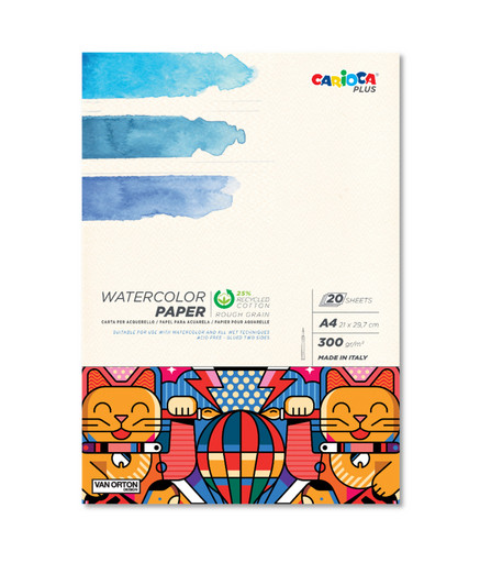 "Carioca Plus" Альбом для рисования акварелью 25% хлопок, 75% целлюлоза 300 г/м2 A4 21 х 29.7 см папка 20 л. 45223 шероховатая