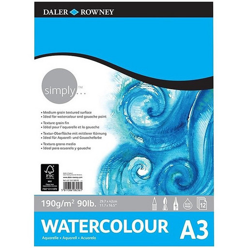 "Daler Rowney" Альбом для акварели SIMPLY 100% целлюлоза 190 г/м2 A3 29.7 х 42 см склейка с одной стороны 12 л. D431532300 среднезернистая
