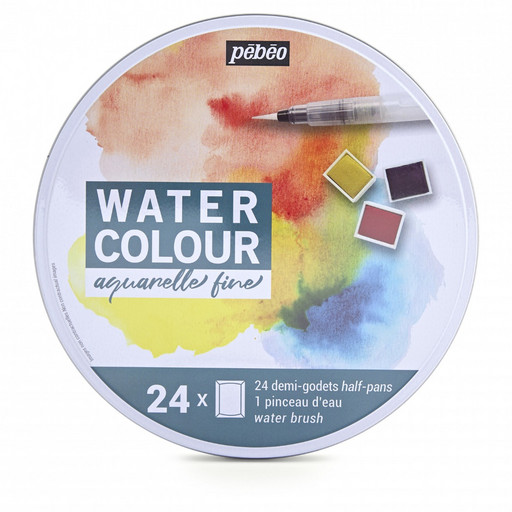 Краска акварель "PEBEO" набор Aquarelle Fine в металлической коробке с кистью в кюветах 24 цв. 300078