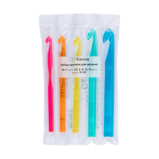 Для вязания "Gamma" SV-02 набор крючков пластик d 8.0 - 15 мм 15 - 17 см 5 шт в чехле 8; 9; 10; 12; 15 мм