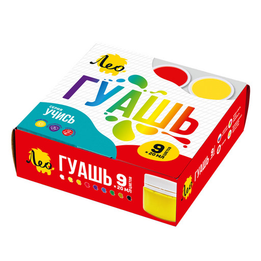 Краска гуашь "Лео" "Учись" набор в картонной упаковке LNG-0109 9 цв. х 20 мл .