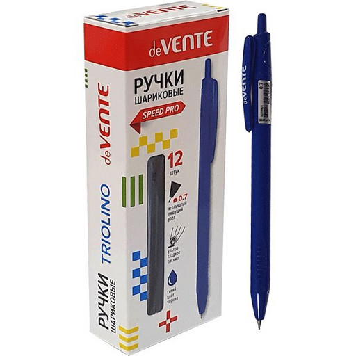 Ручка шариковая, синяя, Ø 0.7 мм "игла", трехгран., рифл. упор, speed pro, deVENTE Office