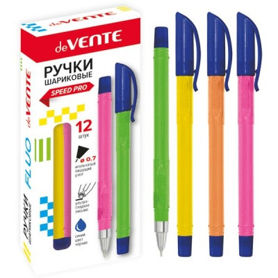 Ручка шариковая, синяя, Ø 0.7 мм "игла", шестигр., рифл. упор, метал. н-к, speed pro, deVENTE Fluo_4 дизайна
