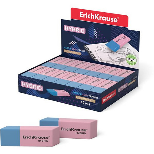 Ластик ErichKrause Hybrid (комбинированный), TPR, скошенный, 57*18*8 мм, розово-синий