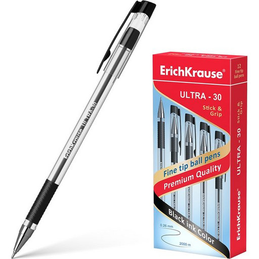 Ручка шариковая черная, 0.7 мм "игла", эрг. грип, метал. н-к, ErichKrause ULTRA-30 Stick&Grip Classic