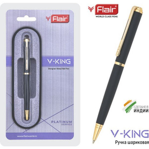 Ручка шариковая подарочная Flair V-King, поворотный м-м, цв. корпуса черный/золото, 0.8 мм, синяя