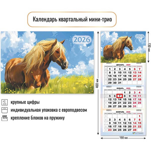 Календарь настенный 3-х блочный 2026 г. (мини) Символ года_Лошадь: 190*460 мм, 3 гребня, бегунок