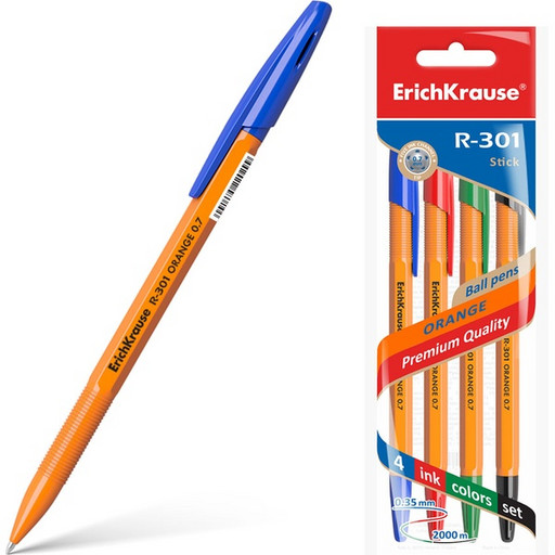 Ручки шариковые, набор 4 шт./4 цв., 0.7 мм, узел Standard, ErichKrause R-301 Stick Orange