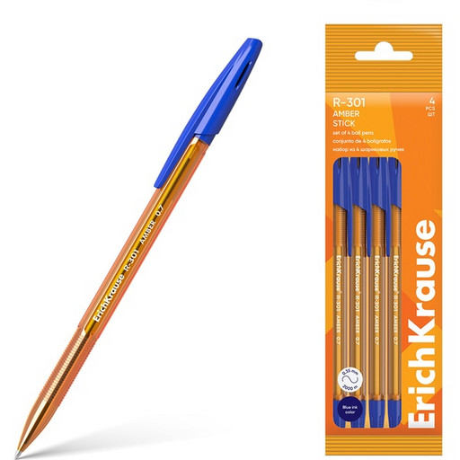 Ручка шариковая синяя, 0.7 мм, узел Standard, 4 шт. ErichKrause R-301 Stick Amber