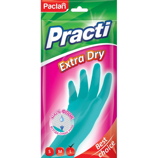 Перчатки хозяйственные резиновые Paclan Practi Extra Dry L, х/б напыление 100% флок, голубые