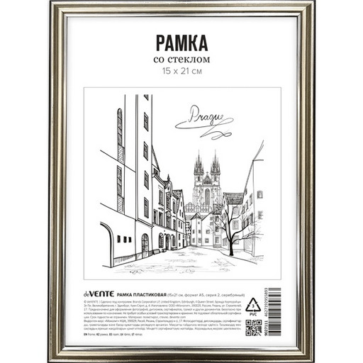 Рамка 15*21 см, пластик, цвет: серебро, стекло, з/п картон, deVENTE серия 2*