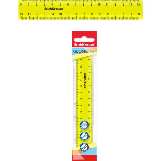 Линейка 15 см, пластиковая, непрозрачная, желтая, ErichKrause Neon Solid