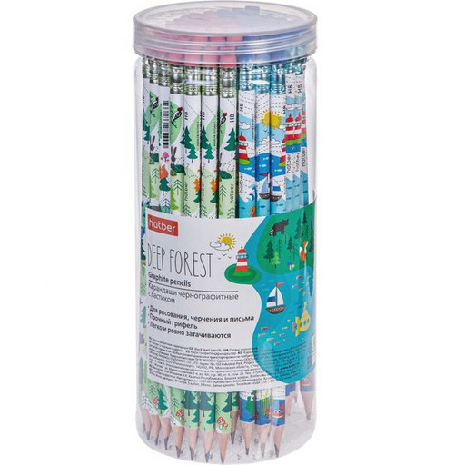 Карандаш чернографитный с ластиком, HB, деревянный, круглый, 2 дизайна, Hatber Deep Forest