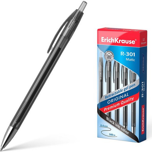 Ручка гелевая автомат., черная, лин. 0.4 мм, ДП 500 м, рифл. грип, ErichKrause R-301 Original Gel Matic