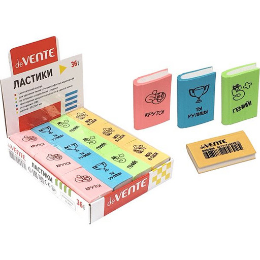 Ластик deVENTE Book, синт. каучук (Dust free), прямоугольный, 42*25*7 мм, 4 дизайна