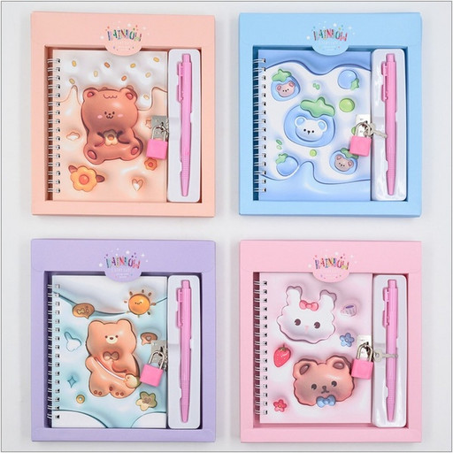 Блокнот с замочком + ручка в подар. упак. (А6, 48 л., клетка, 7БЦ, гребень) MAYLOTT Мишка_4 дизайна