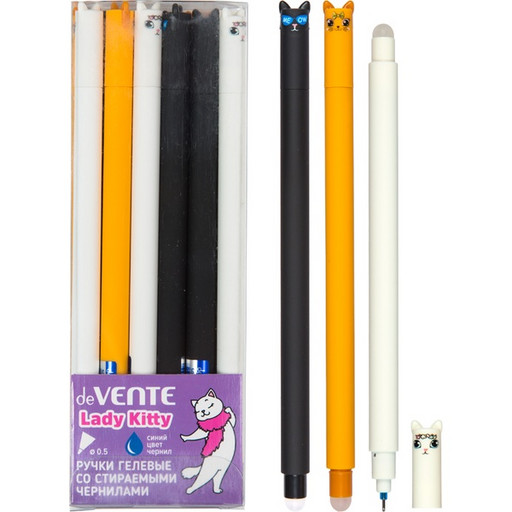 Ручка "пиши-стирай" гелевая, синяя, Ø 0.5 мм "игла", лин. 0.4 мм, круг. корпус, deVENTE Lady Kitty_3 дизайна