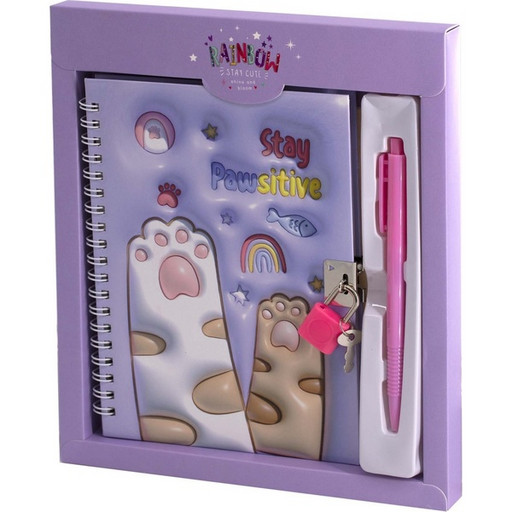 Блокнот с замочком, А6, 46 л, клетка, гребень, обл. 7БЦ, ручка + подар. упак., Alingar Лапки_сиреневый