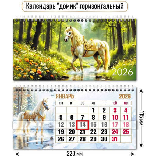 Календарь-домик 2026 г. Символ года: 220*115 мм мм, перекидные листы + бегунок, на гребне