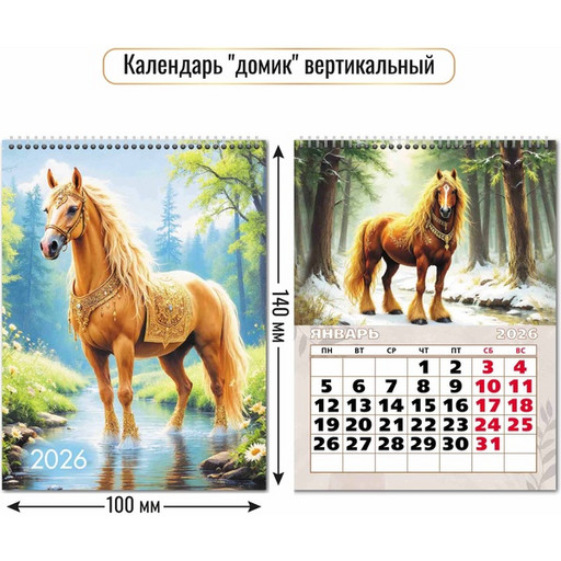 Календарь-домик 2026 г. Символ года: 100*140 мм, перекидные листы, на гребне